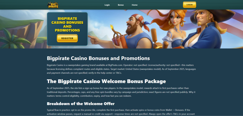 Big Pirate casino homepage
